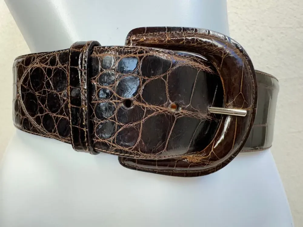 Ralph Lauren Belt Women's 32 Brown Genuine Crocodile Leather Wide Italy